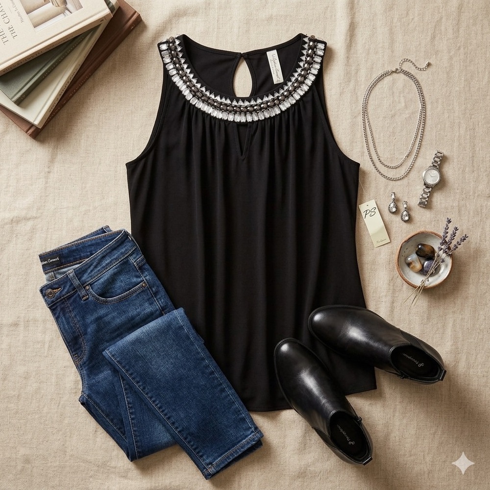 PerSeption Concept Black Jeweled Neckline Sleeveless Top